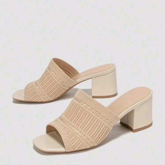 Women Minimalist Mule Sandals, Fabric Chunky Heeled Elegant Sandals - Picture 4 of 6